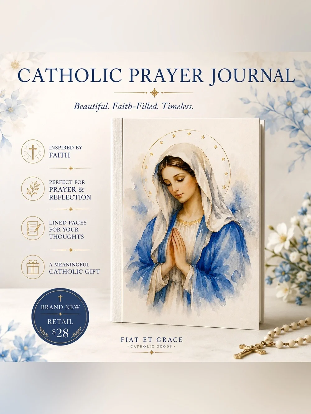 Custom Catholic Prayer Journal – Blessed Virgin Mary Cover – Fiat et Grace – New
